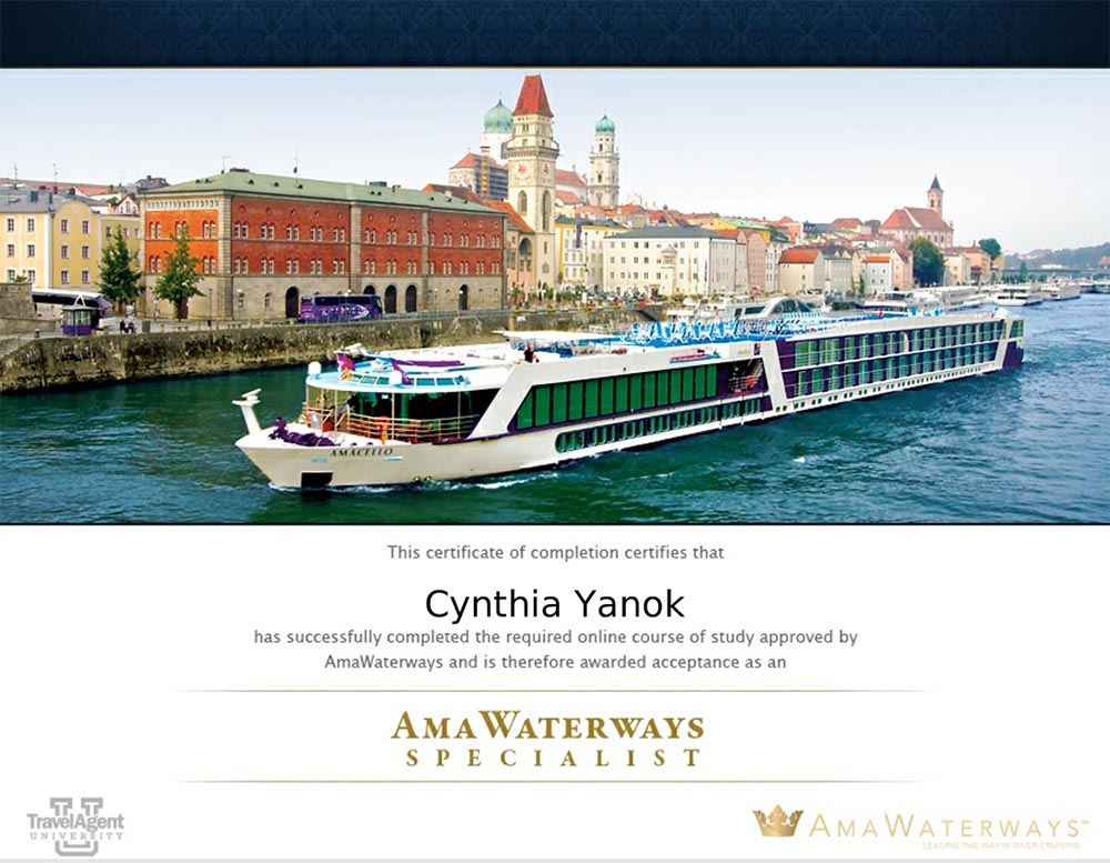Cynthia Yanok's AmaWaterways Specialist certificate
