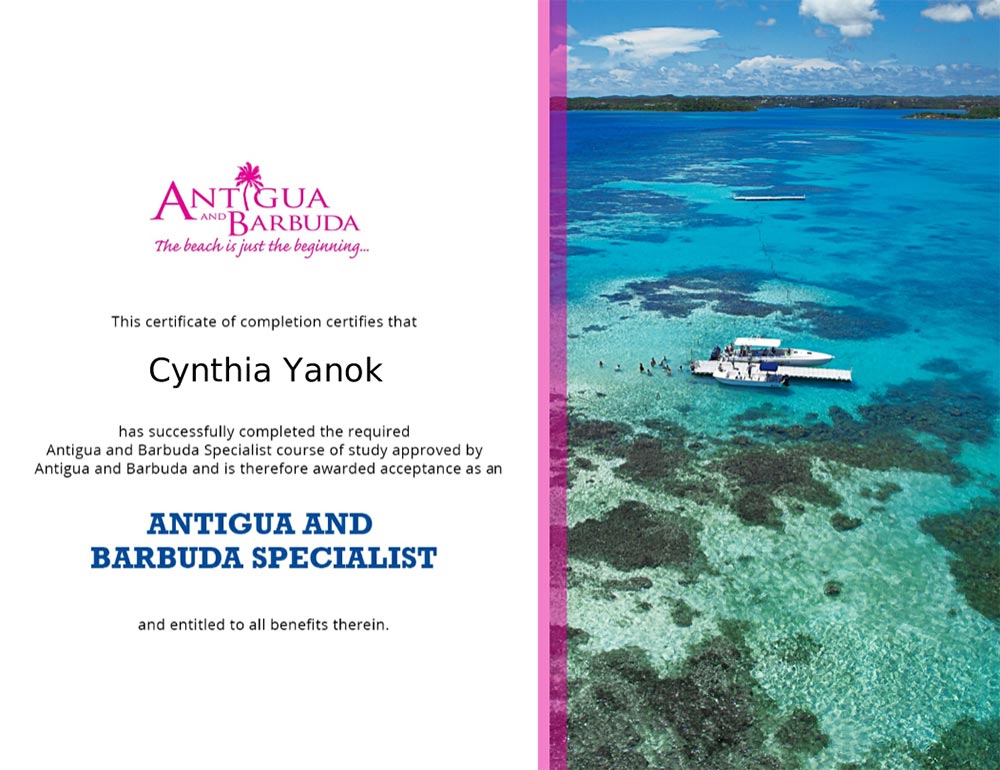 Cynthia Yanok's Antigua and Barbuda Specialist certificate