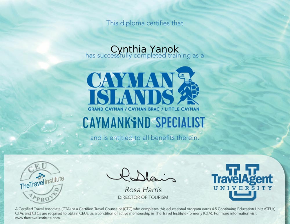 Cynthia Yanok's Cayman Islands Specialist certificate